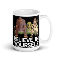 Believe in Yourself (Bigfoot, Alien, Unicorn) White glossy mug