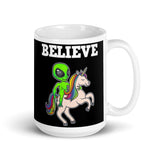 Believe (Alien on Unicorn) White glossy mug