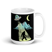 Alien Abducting Bigfoot White glossy mug