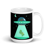 Bigfoot Abducting Dino White glossy mug