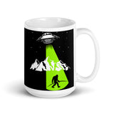 Abducting Bigfoot 4 White glossy mug