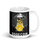 Abducting Dogecoin White glossy mug