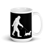 Bigfoot Walking Dog White glossy mug