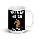 Boy Who Loves Bigfoot White glossy mug