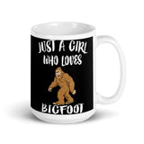 Girl Who Loves Bigfoot White glossy mug