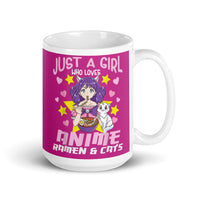 Just a Girl Who Loves Anime, Ramen, & Cats White glossy mug