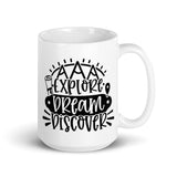 Explorer, Dream, Discover White glossy mug